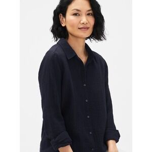 Eileen Fisher Organic Cotton Gauze Classic Collar Shirt Womens XXS Navy Blue EUC